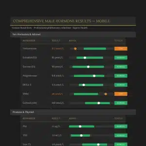 Sapere Health comprehensive male hormone mobile phlebotomy results showing 13 markers including testosterone, thyroid panel, TSH and prostate specific antigen PSA with range indicators